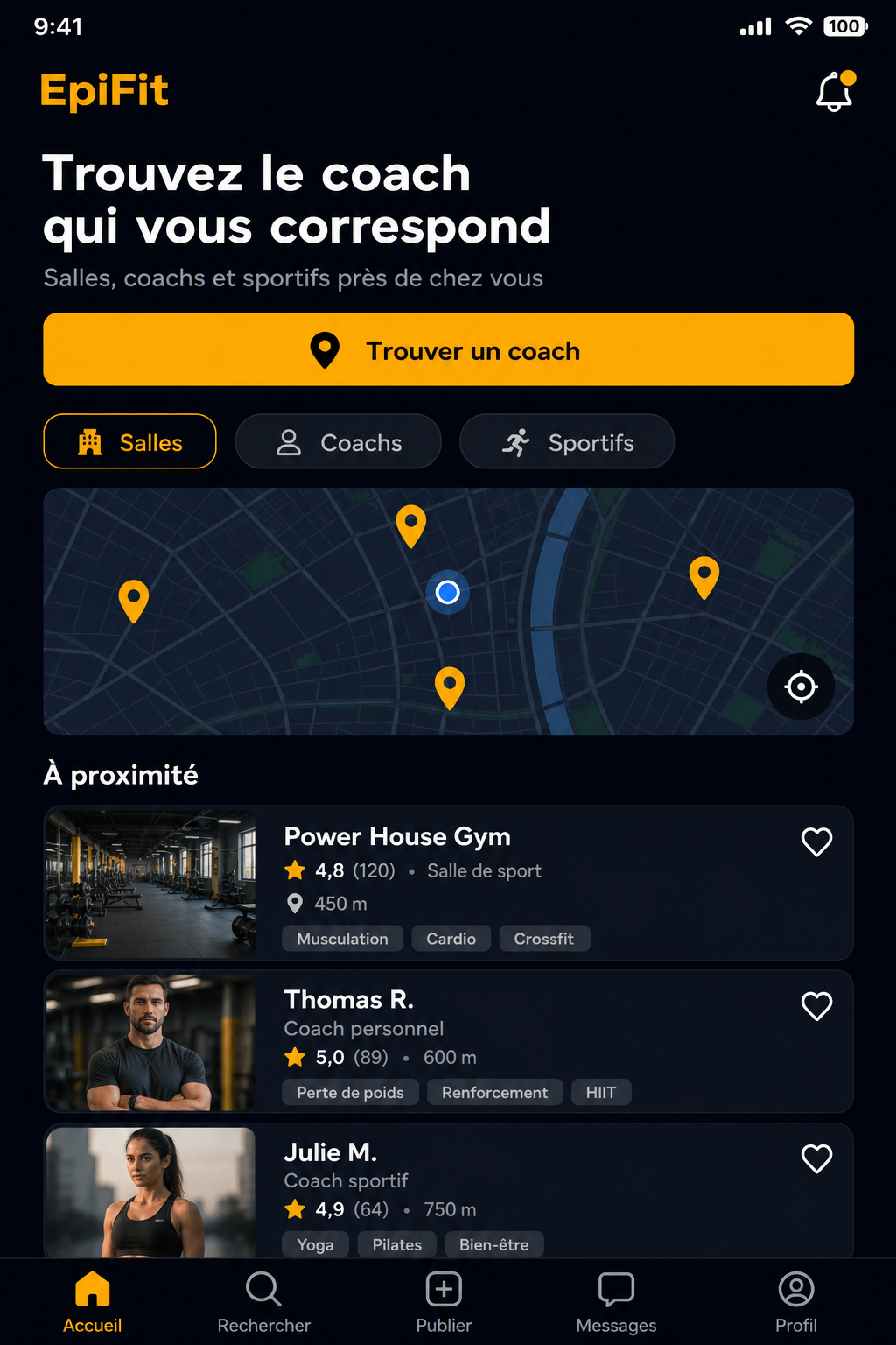 Vue gérant EpiFit — suivi des salles et loyers