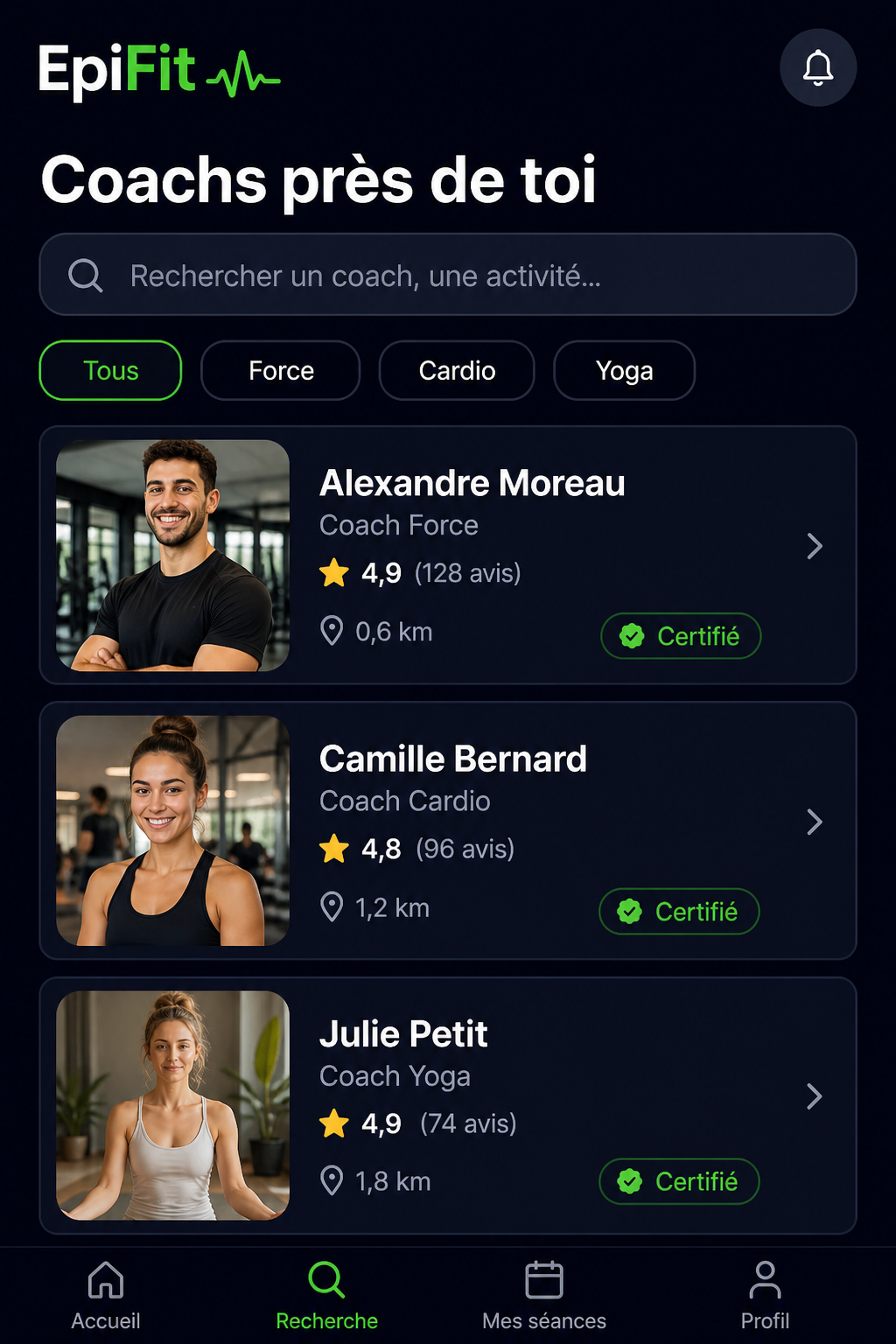 Vue sportif EpiFit — recherche de coach